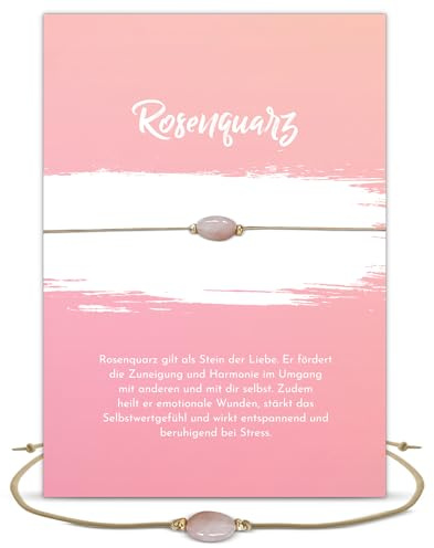 Glücksschmiedin – Edelstein Armband mit Rosenquarz & Goldperlen – Heilstein für Liebe, Mitgefühl & Selbstliebe – Geschenkset mit Karte – Handgefertigt in Deutschland