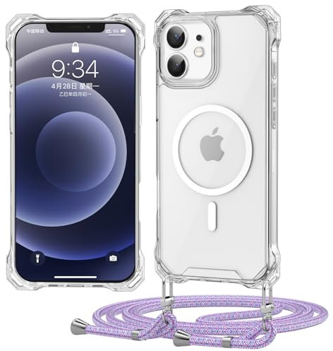 Ciciber Ttusy Custodia per cellulare per iPhone 12/12 Pro con nastro, fiori trasparenti magnetici, compatibile con Magsafe] con cordoncino da appendere al collo, viola arcobaleno