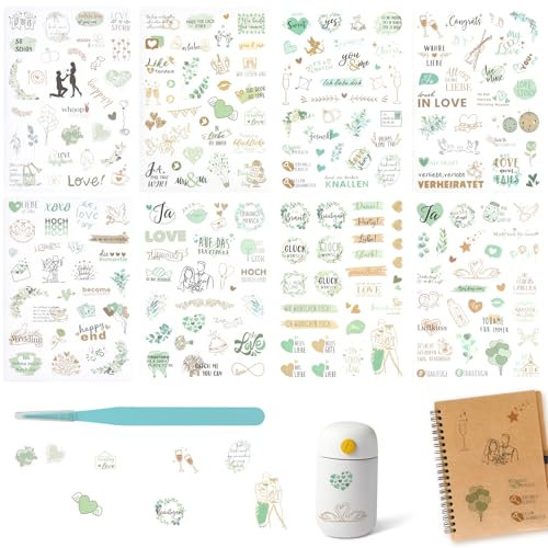 APOMOONS Sticker Hochzeit GäStebuch (200+ Motive) mit 1 Pinzette (grün), Sticker GäStebuch Hochzeit Aufkleber Hochzeits Aufkleber Gästebuch Hochzeitssticker Gästebuchs für Scrapbook