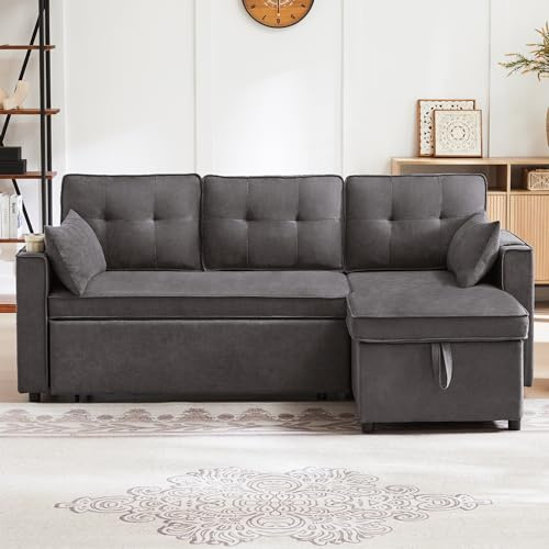 Laxnb Sofa mit Schlaffunktion, Sofa Couch 3 Sitzer, Schlafsofa Ecksofa L-Form Loungesessel mit Stauraum, Schlafcouch mit Getränkehalter, Sofa Bed Polstermöbel, Baumwoll- und Leinenstoffe Grau