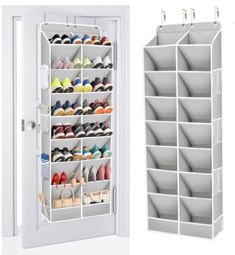 ULG Over The Door Shoe Organizer for Closet Fit 16-24 Pairs with Large Deep Pockets, Narrow Shoe Rack for Door Hanging Boots Storage, Grey