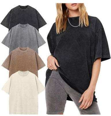 Yimoon Women's 4 Pack Oversized T-Shirts Acid Wash Boyfriend Cotton Teen Shirt Loose Fit Vintage Unisex Streetwear Tops(BlackGreyKhakiBeige-L)