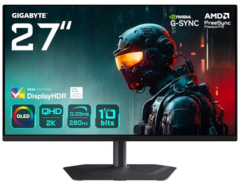 GIGABYTE MO27Q2A Monitor Gaming OLED 2K QHD de 27 – 2560 x 1440, 280Hz, 0,03ms, 250 CD/m², FreeSync Premium Pro, DisplayHDR True Black 400, HDMI 2.1, DisplayPort 1.4