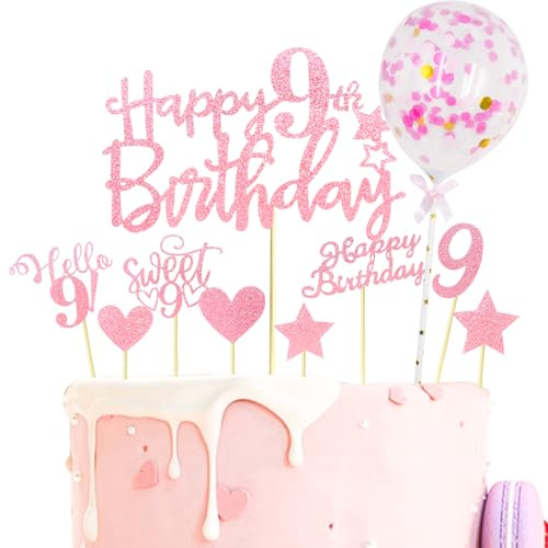 Catelves Tortendeko 9 Geburtstag Mädchen Junge,10 Stk Rosa Kuchen Deko | Happy 9th Birthday Cake Topper,Glitzer Geburtstag 9 Jahre Mädchen,Sweet 9 Kuchendeko 9 Geburtstagdeko mit Stern