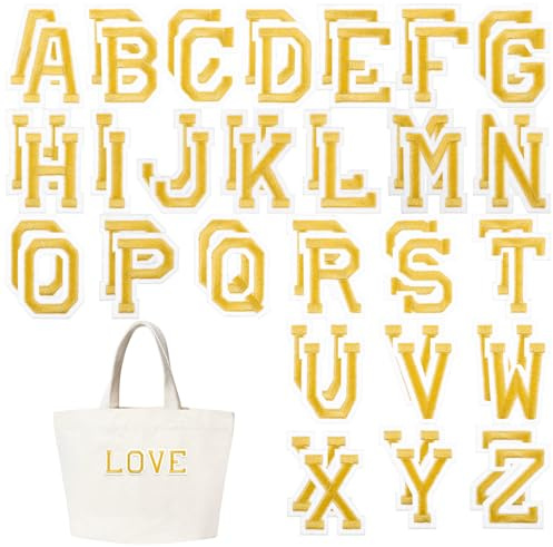 Iron on Letters for Clothing, 52 Pcs Gold Iron on Letter Patches Alphabet A-Z Embroidered Patches with Ironed Adhesive Decorative Sew on Letters Patch for Jackets, Coats, Shirts, Hats, Bags, Jeans