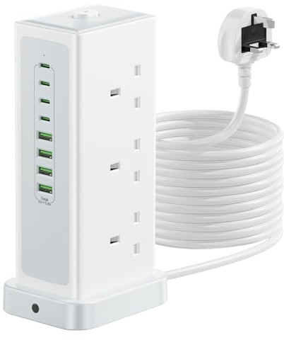 8 Meters Tower Extension Lead with USB Slots,6 Way (13A/3250W) Plug Extension Socket with 4 USB C & 4 USB A, Overload Protection Power Strip with Switch Extension Cable for Office, Home, Kitchen