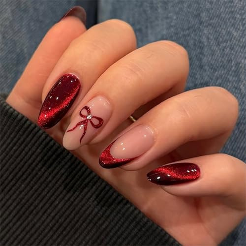 24PCS Red Stick On Nails, Press On Nails Almond With Glue, Medium Red Pink Cat Eye Glitter Winter False Nails with Bow & Rhinestones for Nail Art, Glossy Full Cover Fake Nail for Women
