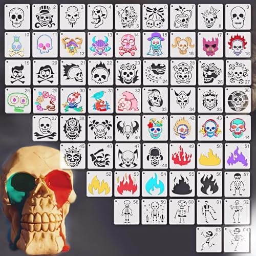 64 Stück Totenkopf Schablonen Set 7.62x7.62cm Wiederverwendbare Mal Schablonen für Halloween DIY Sprühschablonen für Wand Holz Stoff Glas Tattoo Airbrush Basteln