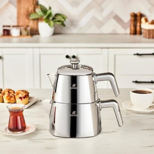 Karaca Brewinox Stainless Steel Teapot Set, 2 Pieces, 1L (33.8 oz) + 2L (67.6 oz) Capacity, 304 Stainless Steel Turkish Tea Maker with Metal Lids, Induction Safe Kettle and Infuser, 2kg (4.4 lbs)