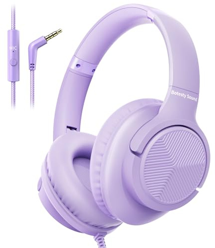 Headphones Wired with Microphone, 3.5mm Corded Headphone for School, Purple | Wired Over Ear Foldable Plug in Headphones, 4.9ft Tangle-Free Nylon Cord for School, Tablet, Laptop, MP3/4, Airplane Travel