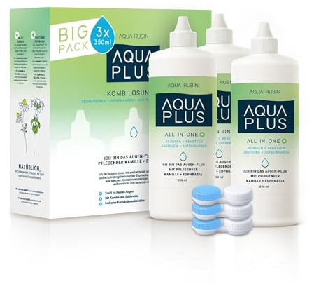 AQUA PLUS Kombilösung für Kontaktlinsen – Mit Kamille & Euphrasia zur sanften Reinigung und Pflege, natürliche Euphrasia-Augenlösung inkl. Linsenbehälter (3x350ml)