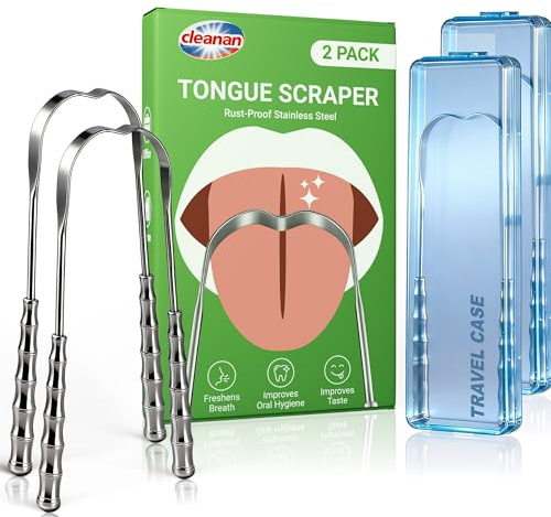 Raspador de Lengua y Limpiador Lengua de Metal (Pack de 2), Tongue Scraper Acero Inoxidable con Estuches, Elimina la Saburra para un Aliento Fresco, Diseño en U Suave para Adultos