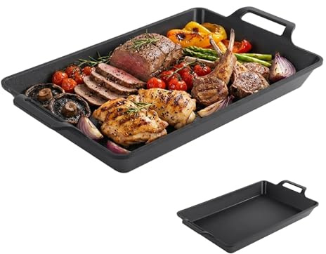 Gusseisenpfanne Grillpfanne, Cast Iron Pfanne mit zwei Griffen, Rechteckig Grillplatte Gusseisen, Gusspfanne Steakpfanne für Gasgrill, Backofen, Gas oder Camping Outdoor Kochen und offenes Feuer
