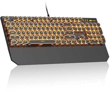 MageGee Typewriter Mechanische Gaming-Tastatur, Retro, rund, goldfarben, galvanisiert, LED-Hintergrundbeleuchtung, kabelgebundene Tastaturen für Laptop, PC, Gamer, mit magnetischer Handballenauflage