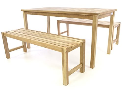 Divero 3 teilige Sitzgruppe AMRUM - 1 Tisch + 2 Bänke aus Teak-Holz, unbehandelt – Farbe: Braun