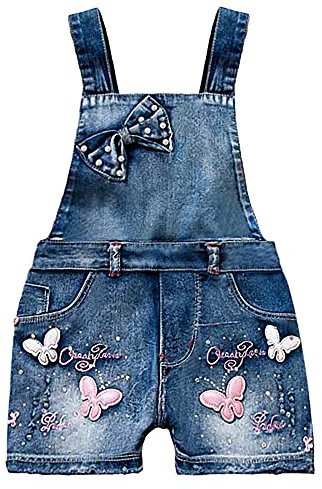 Yao 3J-8J kleine Mädchen Baumwolle Schmetterling Denim Pailletten Latzhose Strampler (7J,Schmetterling)