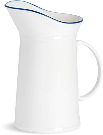 Nicola Spring Farmhouse Water Jug - 1L White Porcelain Rustic Pitcher with Blue Rim - Country Cottage Style Milk Jug, Juice Pitcher, Flower Vase - Vintage Decorative Tableware - Dishwasher Safe