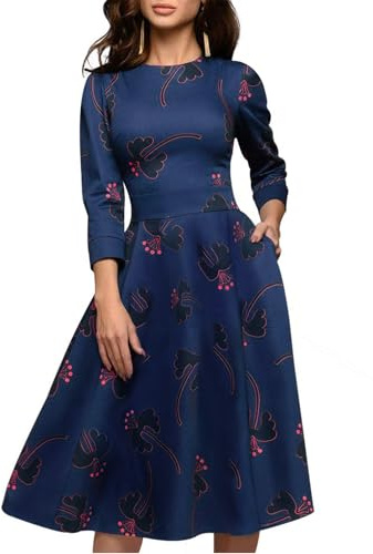 Simple Flavor Women's Floral Evening Flare Vintage Midi Dress 3/4 Sleeve