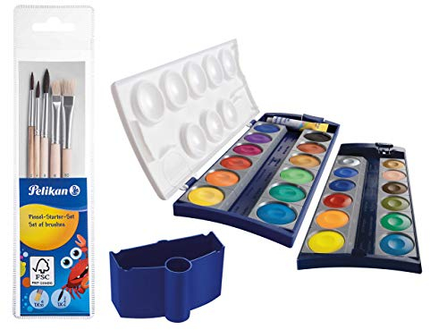 Pelikan 718163 - Pinsel Starterset (3 Haarpinsel, 2 Borstenpinsel) (Pinselset + 24 Farben Deckfarbkasten & Wasserbox)