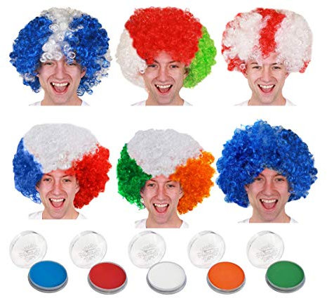 I LOVE FANCY DRESS LTD Rugby Nations Perücke und Gesichtsbemalung Set – Englisches Team Fan-Kostüm – Französische Perücke und rot-weiße Gesichtsfarbe
