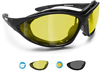 BERTONI Photochrome Polarisierte Motorradbrille Schutzbrille Selbsttönende Antibeschlag UV Schutz mit austauschbare Bügel oder Kopfband - mod. 333 (Selbsttönende Polarisierte Gelbe Linsen)