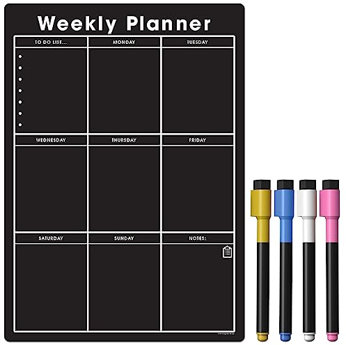 TMS A3 / A4 Multi-Coloured Magnetic Weekly Planner/Memo Board/Calendar – Whiteboard, Shopping List and Meal Planner - with 4 Magnetic Dry Wipe Pens