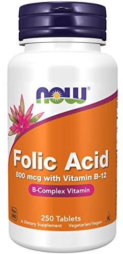 Now Foods, Folic Acid, 800mcg, 250 Vegan Tablets, Lab-Tested, High Dose, Vitamin B12, Gluten Free, SOYA Free, Vegetarian