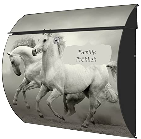 banjado® Burgwächter® Briefkasten anthrazit aus Stahl mit Motiv Wilde Pferde SW/Briefkasten mit Namen personalisierbar/Briefkasten ohne Zeitungsfach mit Kippdach & Öffnungsstopp, 2 Schlüssel