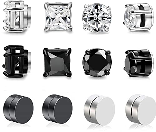 LIUJZZJ 6 Paare Edelstahl Magnet Ohrringe für Herren Damen Mädchen Magnet Ohrstecker Clips Tunnel Ohrclips Ohne Ohrloch Non Piercing Ohrringe Set Schwarz Silberton