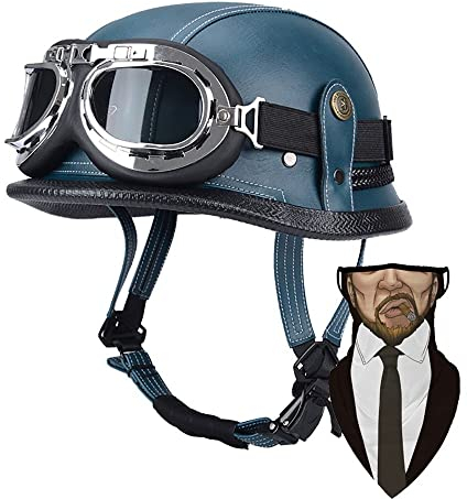 Deutsche Leder Motorrad Halbhelme Retro Halbschalenhelm JetHelm mit Visier Schnellverschluss Schnalle für Cruiser Chopper Biker Moped DOT/ECE-Zulassung