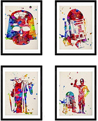 Star Wars Poster mit Rahmen, 4 Stück, Aquarell-Stil, Star Wars Bilder, Dekoration für Zuhause, Stil: Nacnic mit Rahmen