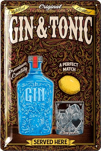 LANOLU Blechschilder retro Bar Deko - Bar Schild GIN TONIC SERVED HERE - Metallschilder vintage als Alkohol Accessoires für Partyraum - Cocktail Schild als Geschenk - Dekoration Küche 20x30cm
