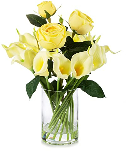 ENOVA FLORAL Mixed Artificial Real Touch Lily and Rose Flower in Glass Vase with Faux Water, Faux Flower Arrangement in Vase for Dining Table Centerpieces, Wedding Event (Yellow)