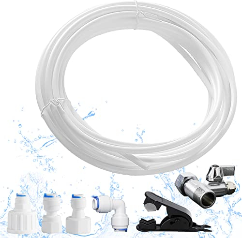 AIFIZO Wasserzulaufleitung Universal Anschluss-Set mit 3/8 T Stück, 10m Schlauch, Anschluss an Wasserzulaufschlauch 6,35mm, Wasserzulaufleitung Universal Anschlussset für Side by Side Kühlschrank