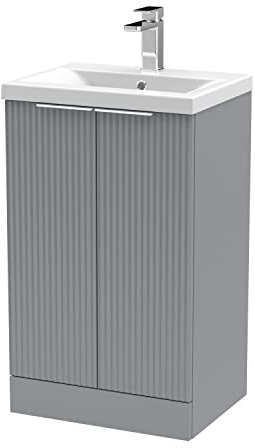 Hudson Reed DFF223A Fluted Modern Bathroom Floor Standing 2 Door Vanity Basin Unit with Mid-Edge Ceramic Basin, 500mm, Satin Grey