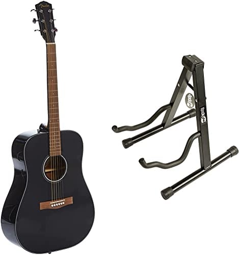 Fender CD-60 Dreadnaught Akustikgitarre (V3) – mit Koffer – schwarz – Griffbrett aus Walnuss & Rockjam Universal Tragbarer A-Frame-Gitarrenständer für Akustikgitarre, E-Gitarre & Bassgitarre