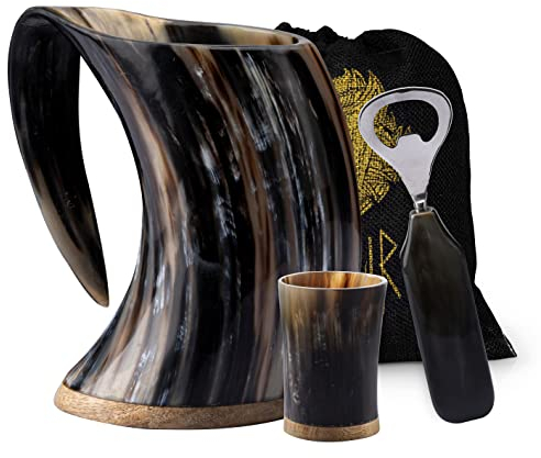 FENRIR Premium Viking Drinking Horn Mug Authentic Food Grade with Short Glass and Bottle Opener for Ale Beer Cold Drink (16-Oz Size -6.5 Inch)