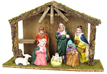 Steinmann XL Weihnachtskrippe Krippe aus Holz mit 7 Figuren aus Porzellan, Moos Verzierung, 30x10x21cm