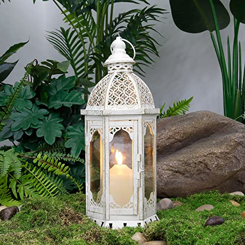 NEWIMAGE Kerzenlaterne Deko 38 cm Hoch Outdoor Kerzenlaternen Windlicht Vintage Laternen Metall Kerzenhalter für Garten Wohnzimmer Indoor Outdoor Partys Hochzeiten Terrasse (Weiß)