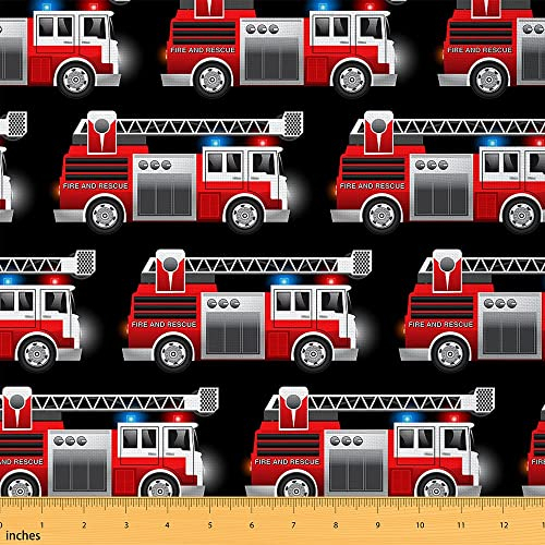 Feuerwehrfahrzeug Stoff Meterware - Notfall Feuerwehr Möbel Feuerwehrmann Zubehör Dekorativer Jungen Ausrüstung Fahrzeuge Drinnen Draußen Rot Blau 92 x 150 (HxB)