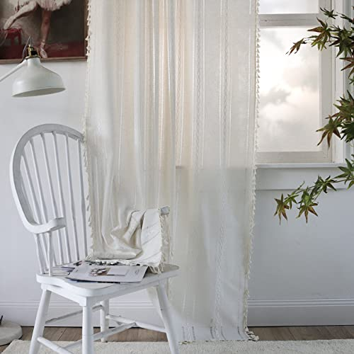 SASIGAYA Vorhänge Vintage Quasten Boho Weiß Halbtransparent Gardinen Baumwolle Leinen Verdunklungsvorhänge Durchbrochene Bestickte Vorhang mit Ösen für Modern Schlafzimmer Wohnzimmer 132×244cm 2 Stück