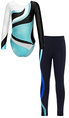 iEFiEL Mädchen Turnanzug Glitzer Gymnastik Leotard Langarm Akrobatik Anzug Tanzkostüme Turnbody Jumpsuit mit Sport Leggings Blau 146-152