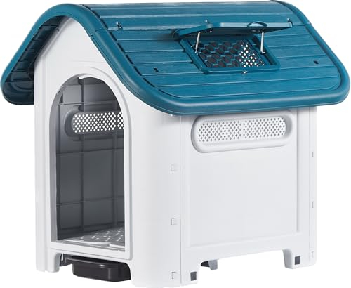 Lanco – Hundehütte für kleine Hunde mit verstellbarem Schiebedach und Toilette. Innen- und Außenbereich mit Lüftungsschlitzen. Widerstandsfähiges Material. 75 x 59 x 66 cm. Blau und Weiß.