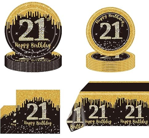 53Pcs Black Gold 21st Birthday Party Tableware Set,21st Black Gold Party Tableware Set are Crafted from High-quality Paper for Men Women Birthday Gifts Party Supplies Reusability Table Decoration