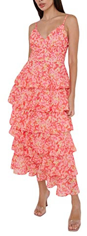 Chloefairy Vestito sexy da donna con motivo floreale, senza maniche, con volant, scollo a V, estivo, per feste in spiaggia e discoteca, Rosa, L
