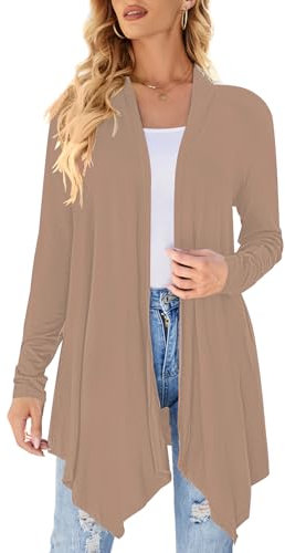 Cardigan da donna drappeggiato aperto sul davanti casual a maniche lunghe leggero cardigan maglioni spolverino, Cachi, Large