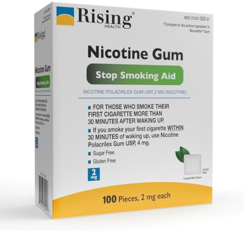 Rising Health Nicotine Polacrilex Coated Gum 2 mg | Reduces Nicotine Cravings | Stop Smoking with a Nicotine Replacement Therapy | Mint Flavor - 100 Count