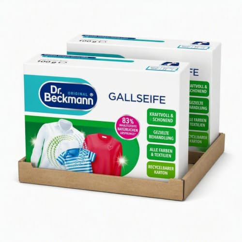 Dr. Beckmann Gallseifen- Stück | Fleckenentferner | 2 x 100 g | Für Textilien & Polster | Ohne Farb- und Duftstoffe | Gerillte, praktische Form