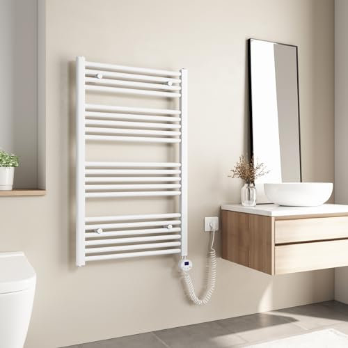 Heilmetz Termoarredo Elettrico Bagno 1000x600mm, Scaldasalviette Elettrico Bagno con Temperatura Regolabile, Termostato Intelligente, Radiatore Elettrico Basso Consumo da Parete Verticale, Bianco
