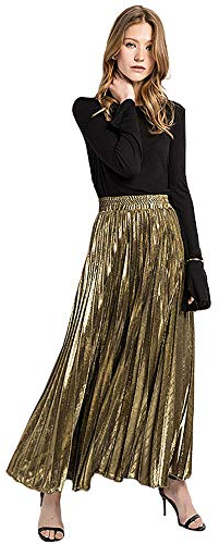 MilyaDE Damen Lang A-Linie Plisseerock Maxi Faltenrock Blingbling, Gold XXL